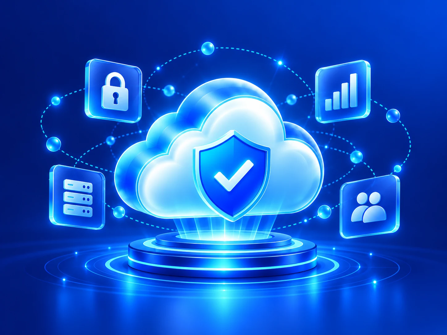Cloud security illustration with shield and connected services