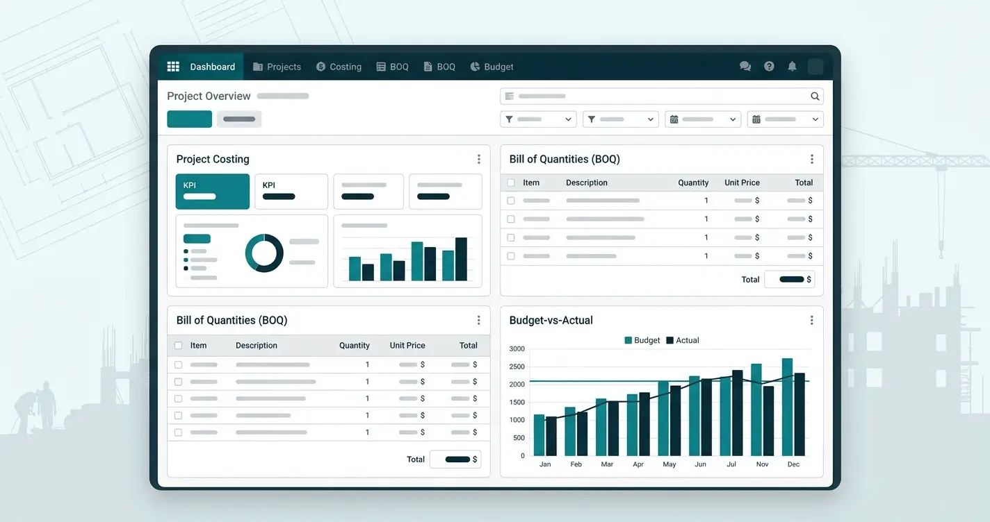Odoo construction dashboard showing project costing, BOQ, and budget vs actual