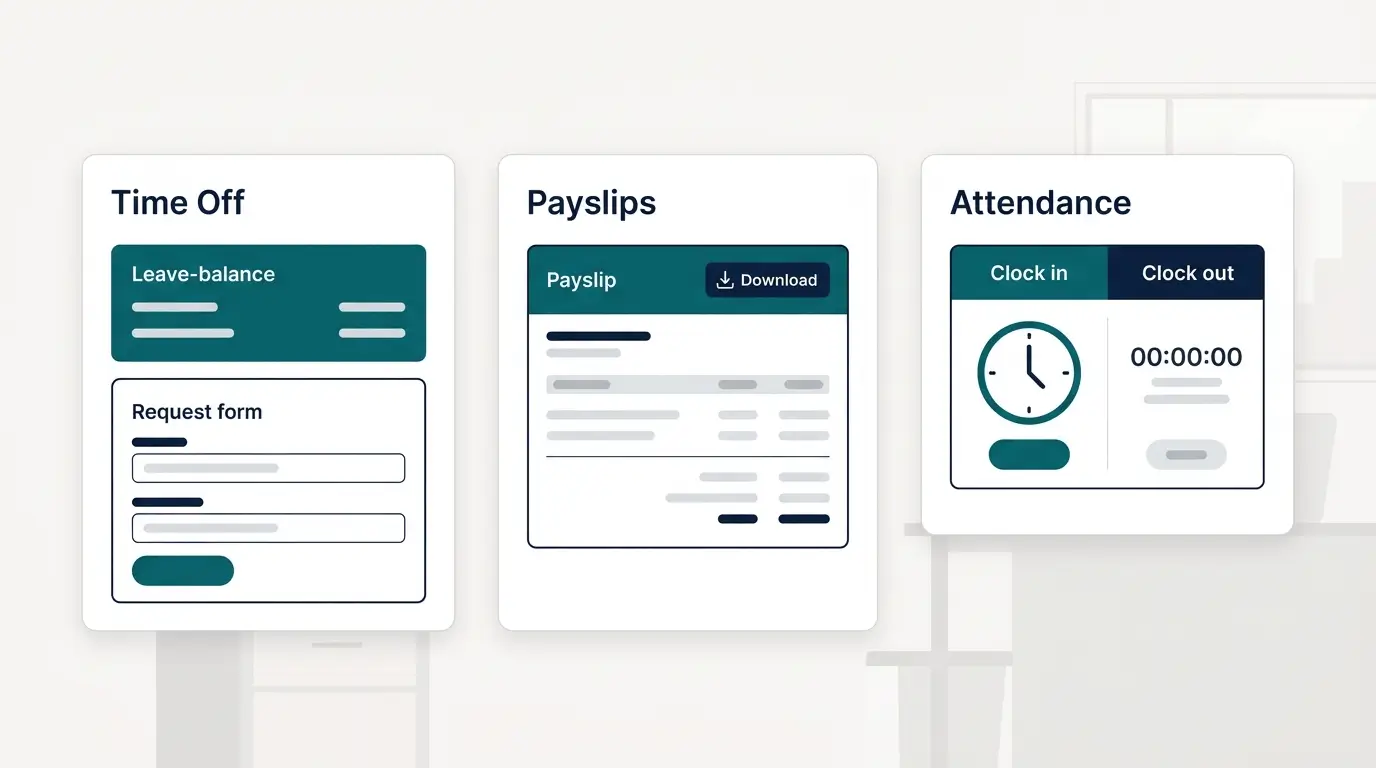 Odoo employee self-service portal showing leave requests, payslips, and attendance on a dashboard