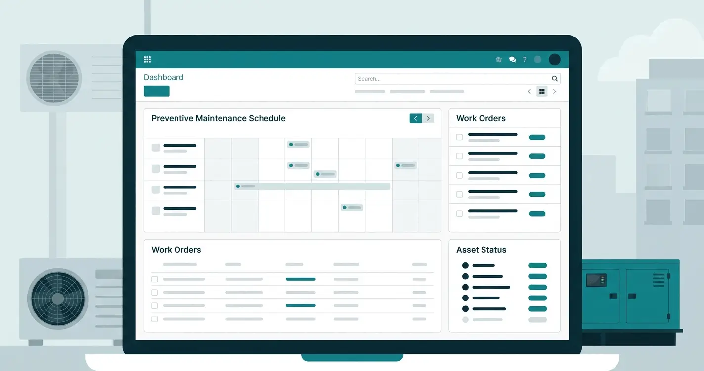 Odoo facility management dashboard showing a preventive maintenance schedule and work orders