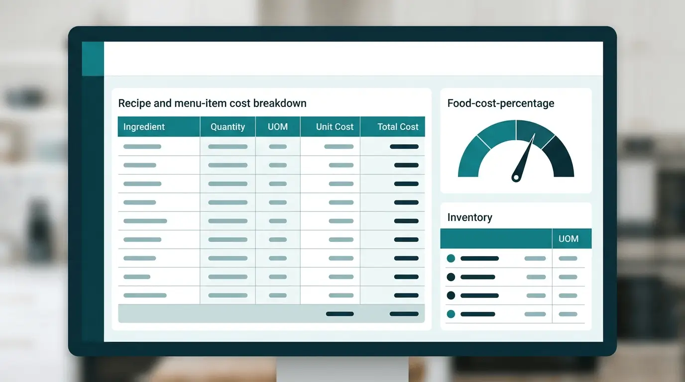 Odoo restaurant dashboard showing recipe costing, food cost percentage, and inventory