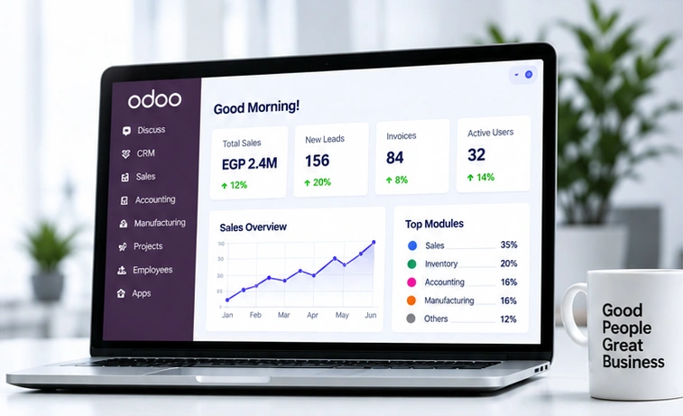 Odoo business management dashboard on a laptop