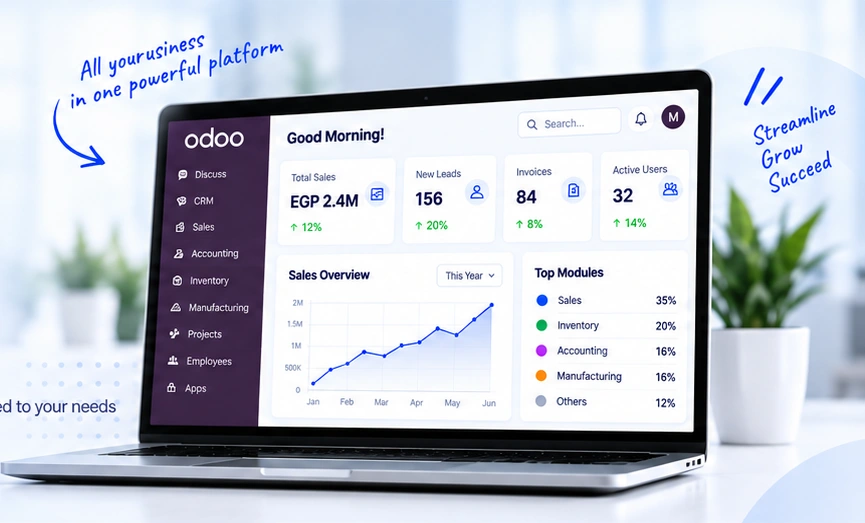 Odoo setup stages shown in an implementation workspace