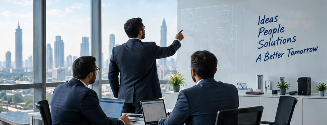 Colleagues collaborating around a laptop in an office
