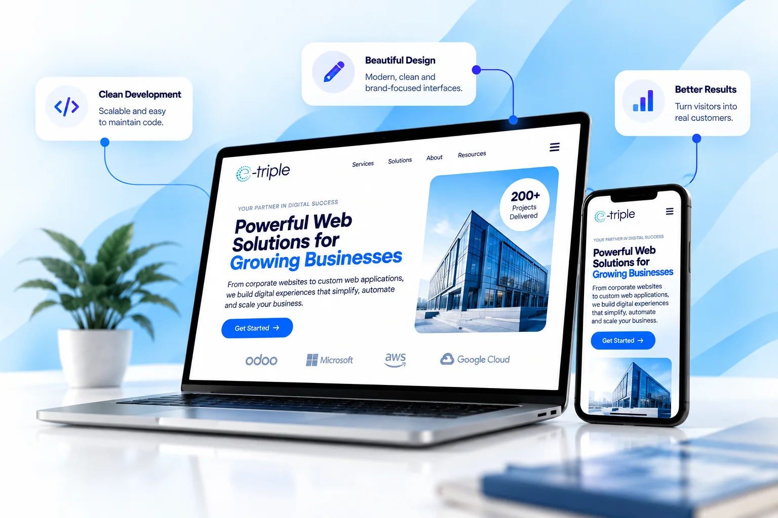 Laptop and phone displaying a business website, surrounded by design, development, and results cards