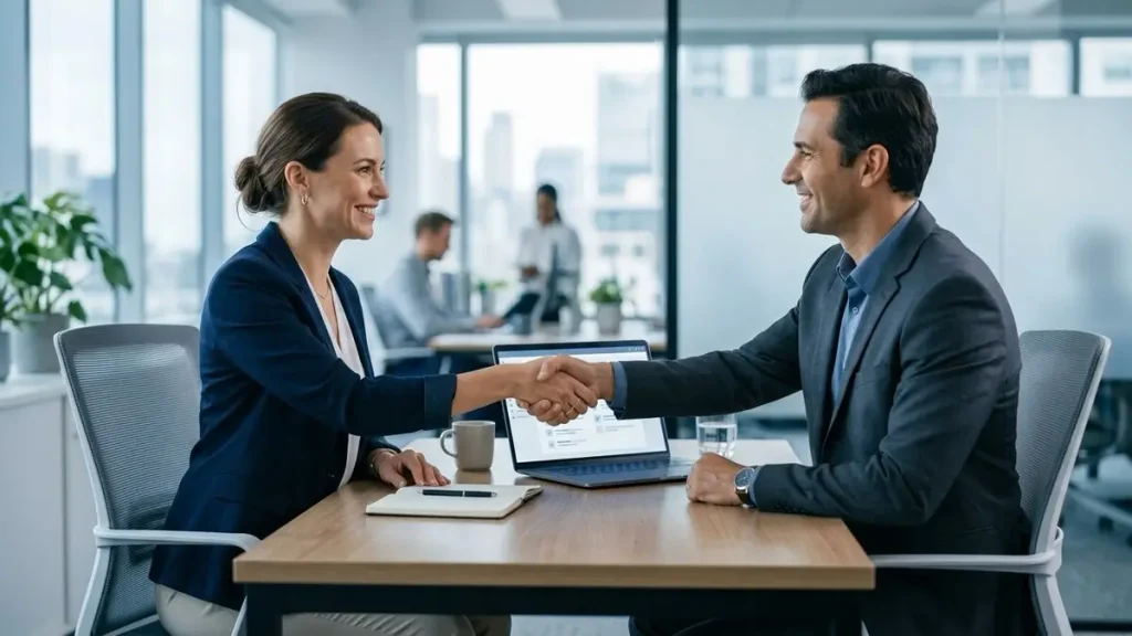 مصافحة بين رجل أعمال وشريك تنفيذ أودو أمام شاشة لابتوب تعرض معايير التقييم