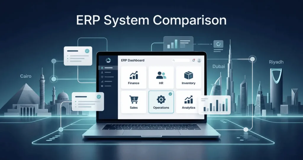 ERP system comparison dashboard for businesses in Egypt, UAE, and Saudi Arabia