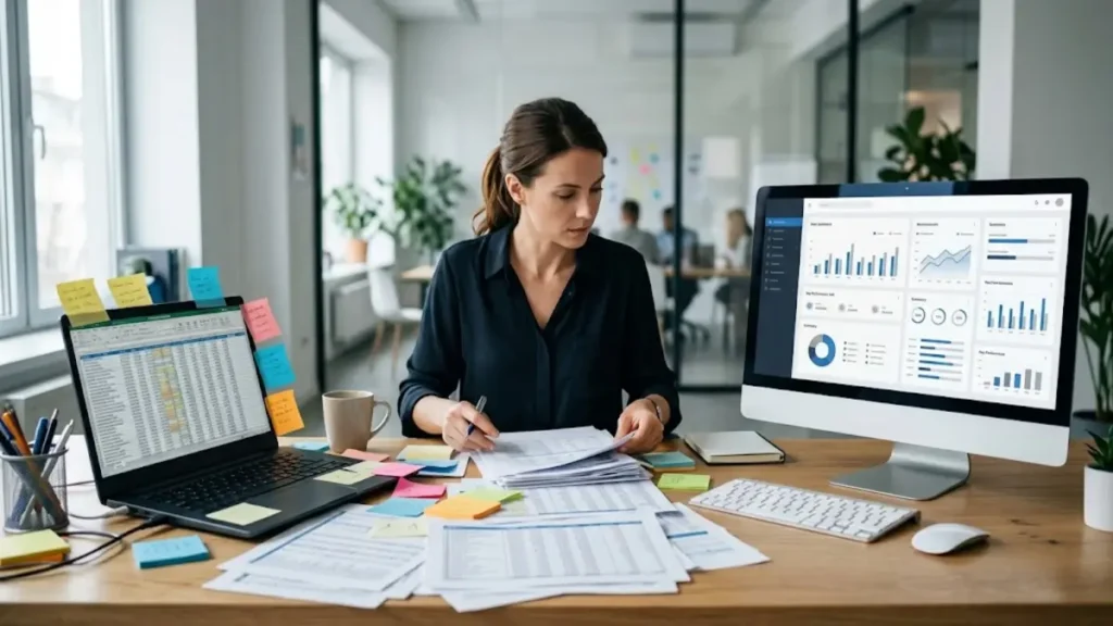 Woman reviewing paper spreadsheets and sticky notes next to a clean ERP system dashboard